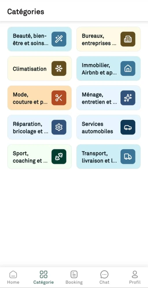 Catégories de services dans l'application HAYATAK