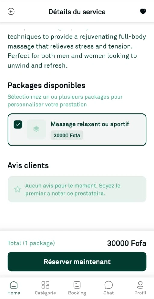 Récapitulatif du package et du total à payer